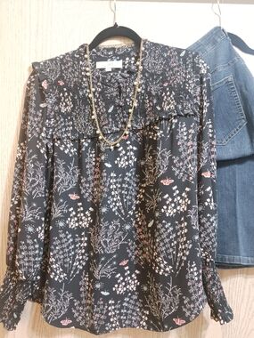 LOFT Top Womens M Fairy Boho Floral Smocked Long Sleeve Cottagecore Casual Work
